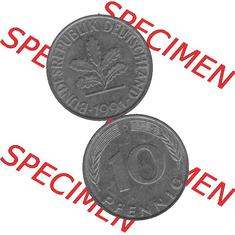 BRD Münzen 10 Pf. Umlaufmünze in PNG 1950-2001, 10 Pfennig 1991 D-10 Graustufen. Graustufen-Bild erstellt aus Farbigen Bild mit Vorderseite und Rückseite auf einen Bild... Sammlung