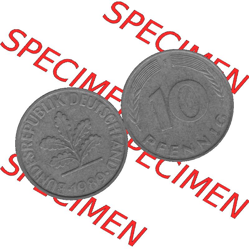 BRD Münzen 10 Pf. Umlaufmünze in PNG 1950-2001, 10 Pfennig 1989 F-03 Graustufen. Graustufen-Bild aus Farbigen Bilder mit Vorderseite und Rückseite mit Wert-Zahl auf einen... Sammlung