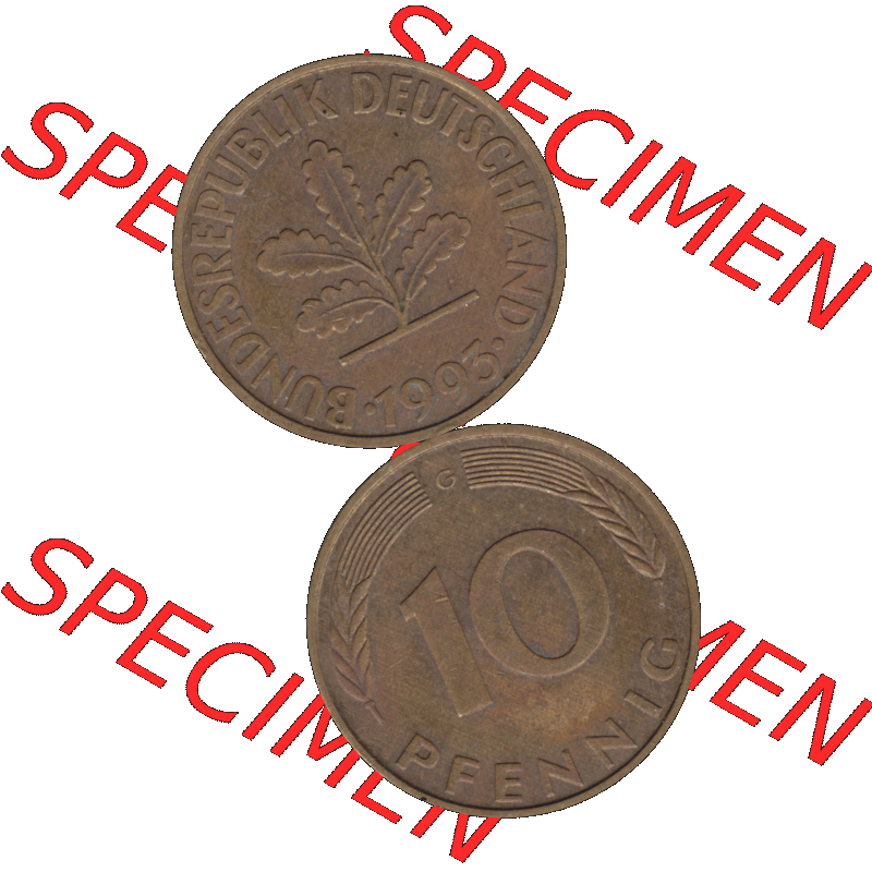 BRD Münzen 10 Pf. Umlaufmünze in PNG 1950-2001, 10 Pfennig 1993 G-01. Vorderseite und Rückseite auf einen Bild / Foto vertikal untereinander zusammengefügt,... Sammlung