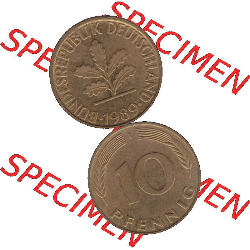 BRD Münzen 10 Pf. Umlaufmünze in PNG 1950-2001, 10 Pfennig 1989 F-02. Vorderseite und Rückseite auf einen Bild / Foto vertikal untereinander zusammengefügt,... Sammlung