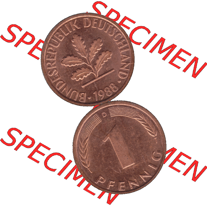 BRD Münzen in PNG 1950-2001, 1 Pfennig der BRD Deutschland 1988, 1980er Jahre Münzzeichen München D-01. Hier befindet sich eine PNG-Grafik einer 1 Pfennig Münze der... Sammlung