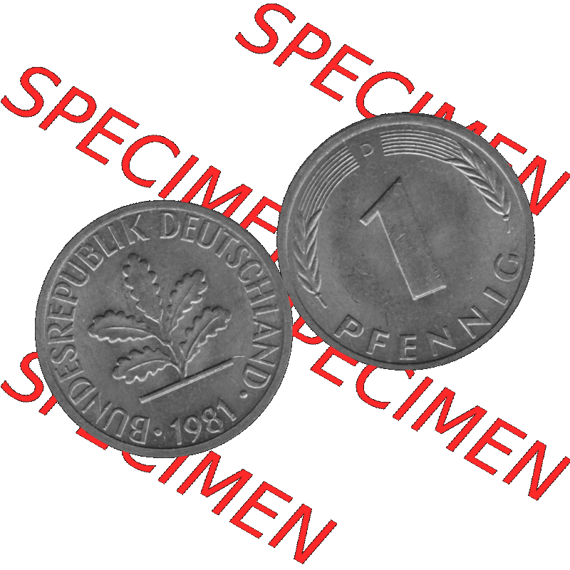 BRD Münzen 1 Pfennig Umlaufmünze in Graustufen PNG 1950-2001, 1 Pfennig 1981 München D-01. Graustufen-Bilder der Vorderseite und Rückseite mit Wert-Zahl auf einen Bild... Sammlung