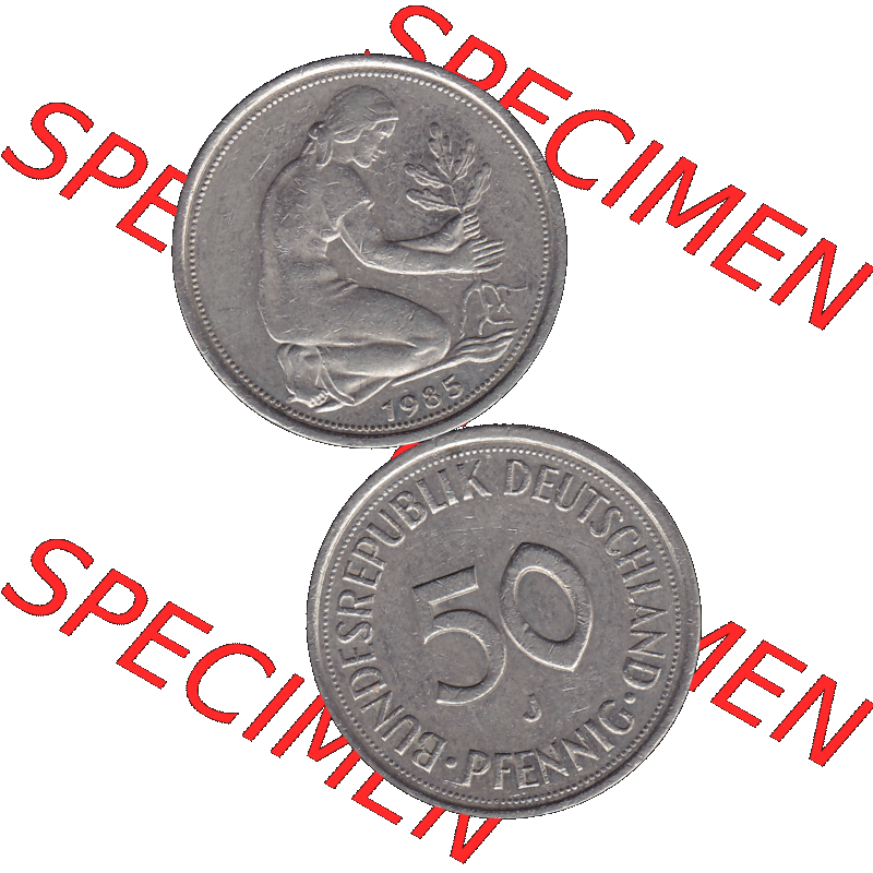 BRD Münzen 50 Pf. Umlaufmünze in PNG 1950-2001, 50 Pfennig BRD Deutschland 1985 Münzstätte Hamburg Mzz. J-01. PNG Grafik einer 50 Pfennig Münze aus den... Sammlung