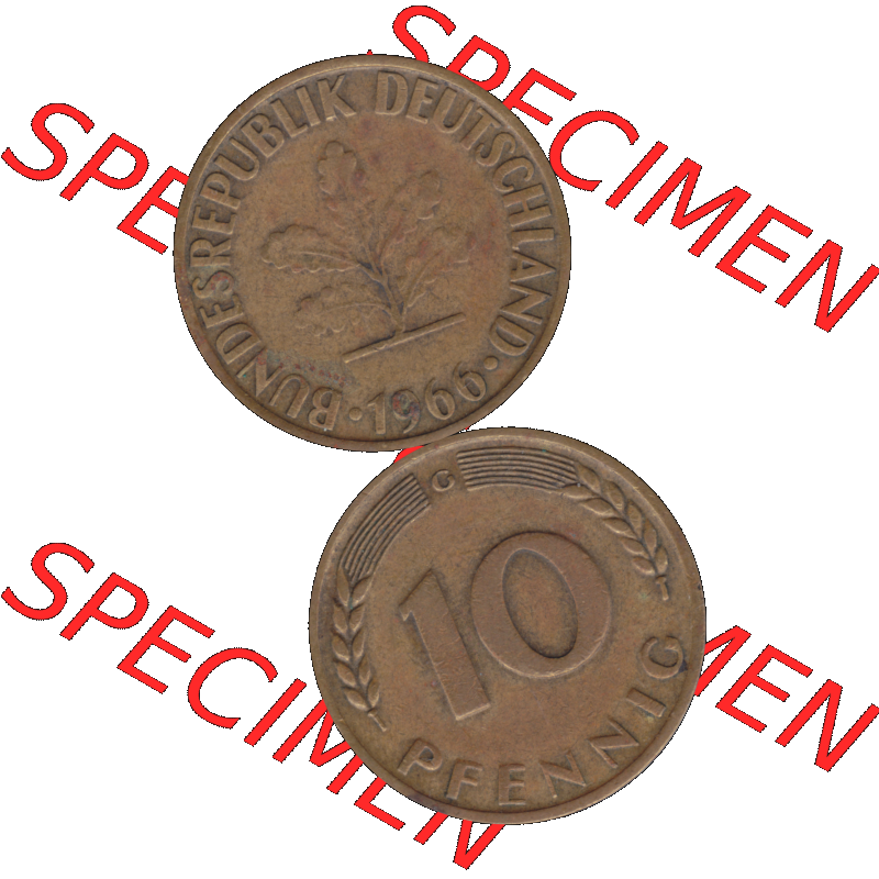 BRD Münzen 10 Pf. Umlaufmünze in PNG 1950-2001, 10 Pfennig 1966 G-01. Vorderseite und Rückseite auf einen Bild / Foto vertikal untereinander zusammengefügt,... Sammlung