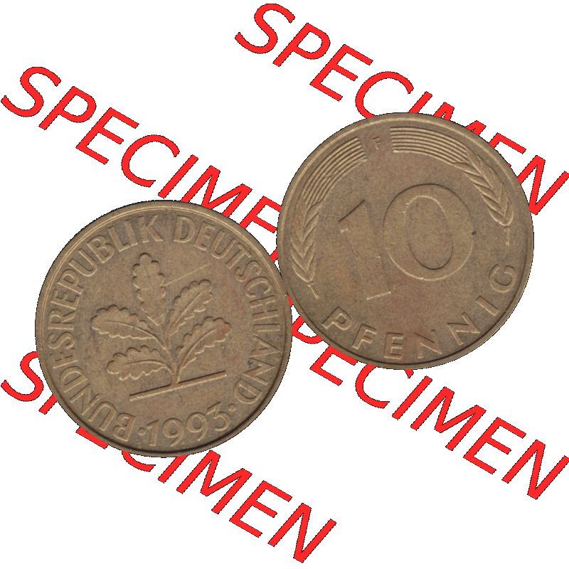 BRD Münzen 10 Pf. Umlaufmünze in PNG 1950-2001, 10 Pfennig 1993 F-01. Vorderseite und Rückseite mit Wert-Zahl auf einen Bild / Foto der digitalisierten 10 Pfennig... Sammlung