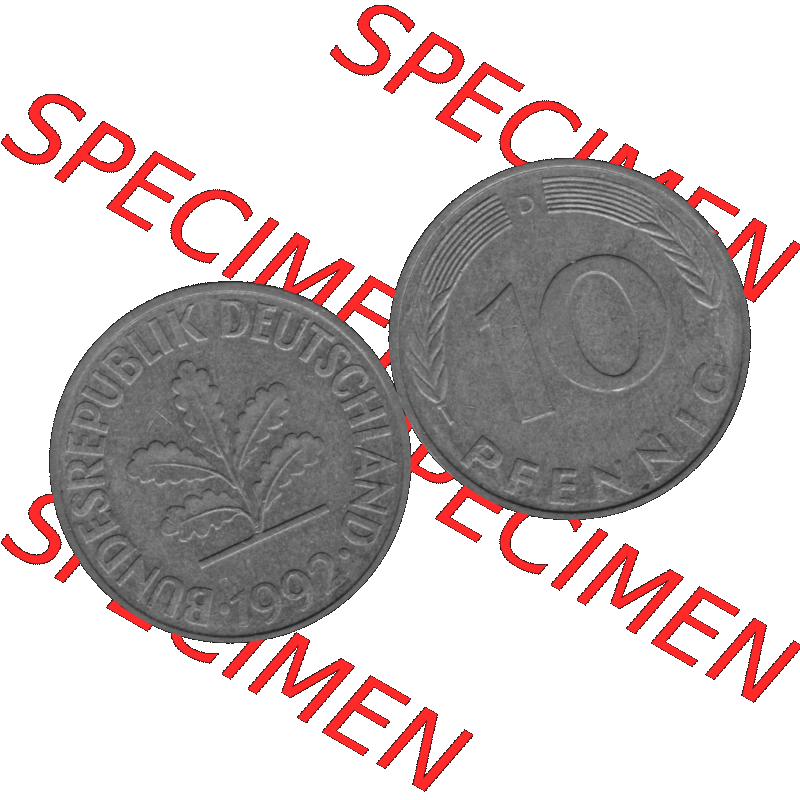 BRD Münzen 10 Pf. Umlaufmünze in PNG 1950-2001, 10 Pfennig 1992 D-01 Graustufen. Graustufen-Bilder der Vorderseite und Rückseite mit Wert-Zahl auf einen Bild / Foto... Sammlung