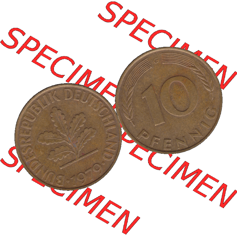 BRD Münzen 10 Pf. Umlaufmünze in PNG 1950-2001, 10 Pfennig 1979 G-01. Vorderseite und Rückseite mit Wert-Zahl auf einen Bild / Foto der digitalisierten 10 Pfennig... Sammlung