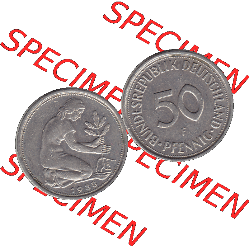 BRD Münzen 50 Pf. Umlaufmünze in PNG 1950-2001, 50 Pfennig BRD Deutschland 1988 Stuttgart F-1. Transparente Vorderseite und Rückseite als PNG-Grafik mit Wert-Zahl von... Sammlung