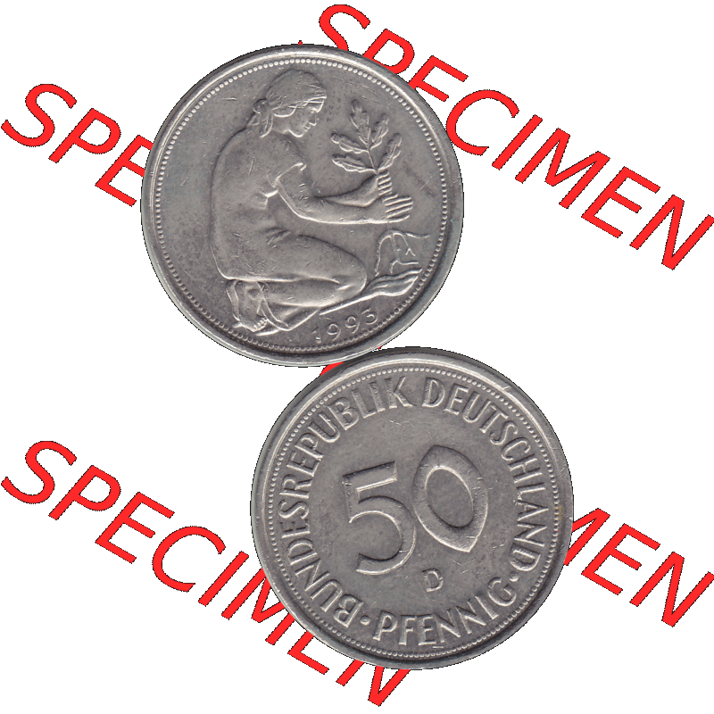 BRD Münzen 50 Pf. Umlaufmünze in PNG 1950-2001, 50 Pfennig BRD Deutschland 1993 München D-1. Transparente Vorderseite und Rückseite der Münze vertikal untereinander... Sammlung