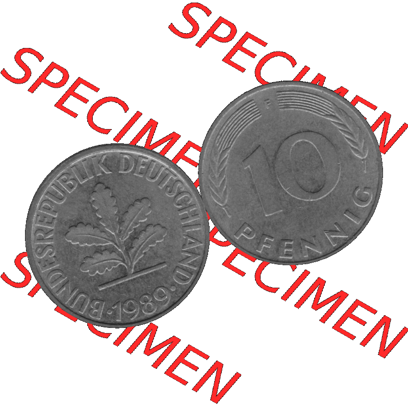 BRD Münzen 10 Pf. Umlaufmünze in PNG 1950-2001, 10 Pfennig 1989 F-02 Graustufen. Graustufen-Bild aus Farbigen Bilder mit Vorderseite und Rückseite mit Wert-Zahl auf einen... Sammlung