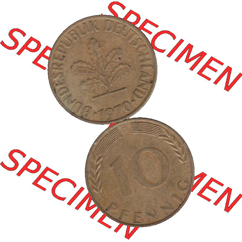 BRD Münzen 10 Pf. Umlaufmünze in PNG 1950-2001, 10 Pfennig 1970 D-01. Vorderseite und Rückseite auf einen Bild / Foto vertikal untereinander zusammengefügt,... Sammlung