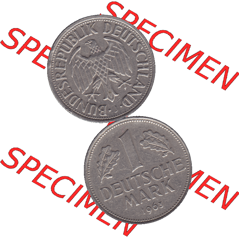 BRD Münzen 1 DM, Umlaufmünze 1950-2001, BRD Deutschland 1 / Eine DM - 1 Eine Deutsche Mark, 1963 Münzzeichen Hamburg Mzz J-1. Münzen-Rückseite und... Sammlung