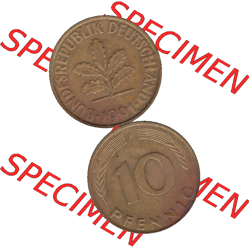 BRD Münzen 10 Pf. Umlaufmünze in PNG 1950-2001, 10 Pfennig 1991 F-07. Vorderseite und Rückseite auf einen Bild / Foto vertikal untereinander zusammengefügt,... Sammlung