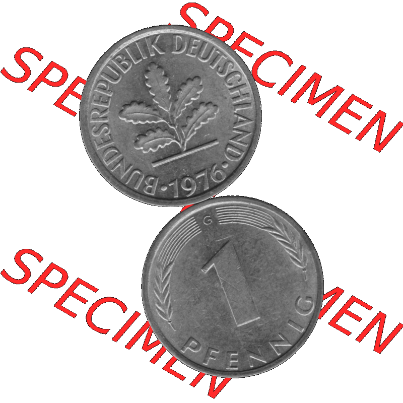 BRD Münzen 1 Pfennig BRD-Deutschland Umlaufmünze in Graustufen PNG 1950-2001, 1 Pfennig 1976, 1970er Jahre Münzstätte Karlsruhe G-01. Graustufen-Bild erstellt aus... Sammlung