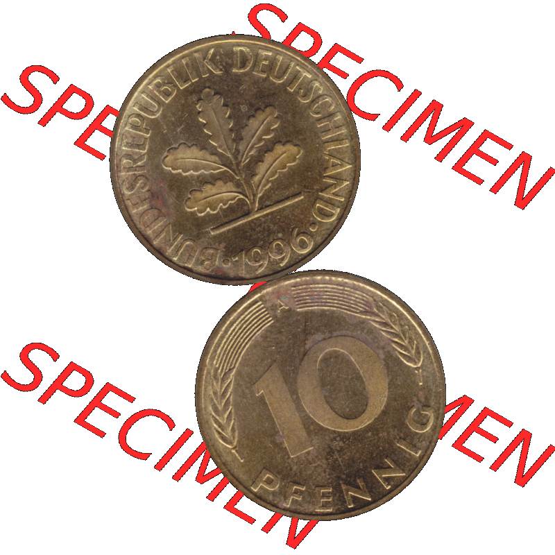 BRD Münzen 10 Pf. Umlaufmünze in PNG 1990-2001, 10 Pfennig 1996 A-02. Vorderseite und Rückseite auf einen Bild / Foto vertikal untereinander zusammengefügt,... Sammlung