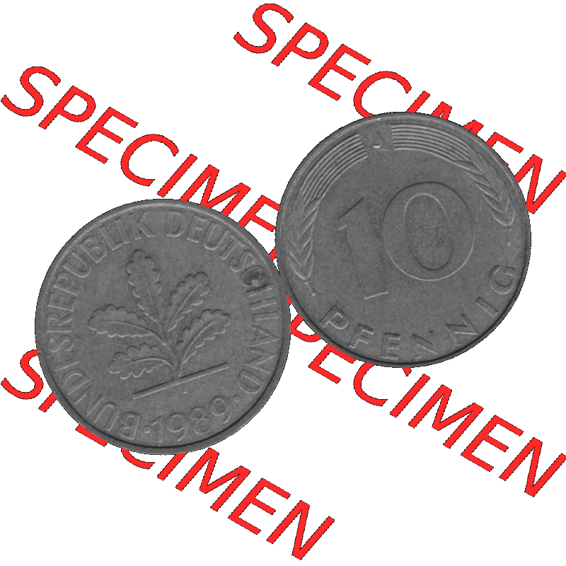 BRD Münzen 10 Pf. Umlaufmünze in PNG 1950-2001, 10 Pfennig 1989 J-12 Graustufen. Graustufen Bild aus zwei Bildern vom Scanner mit Vorderseite und Rückseite mit Wert-Zahl... Sammlung
