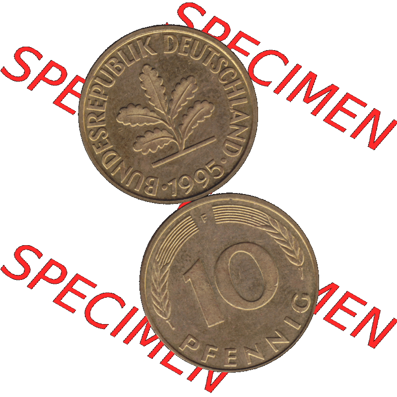 BRD Münzen 10 Pf. Umlaufmünze in PNG 1950-2001, 10 Pfennig 1995 F-02. Vorderseite und Rückseite auf einen Bild / Foto vertikal untereinander zusammengefügt,... Sammlung