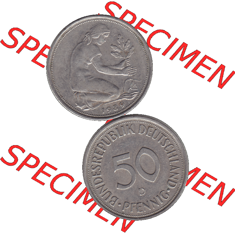 BRD Münzen 50 Pf. Umlaufmünze in PNG 1950-2001, 50 Pfennig BRD Deutschland 1989 München D-1. Transparente Vorderseite und Rückseite der Münze vertikal untereinander... Sammlung