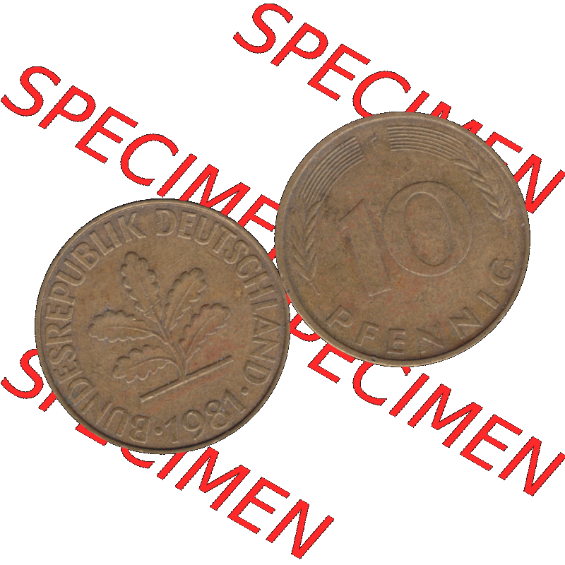 BRD Münzen 10 Pf. Umlaufmünze in PNG 1950-2001, 10 Pfennig 1981 F-01. Vorderseite und Rückseite mit Wert-Zahl auf einen Bild / Foto der digitalisierten 10 Pfennig... Sammlung