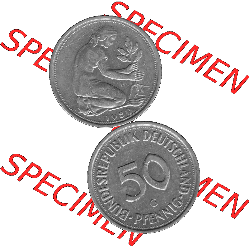 BRD Münzen Deutschland G 50 Pf. Umlaufmünze in Graustufen PNG 1950-2001, 50 Pfennig 1980 Münzzeichen "G" für Karlsruhe - "G"-01 Graustufen. PNG... Sammlung