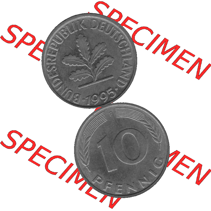 BRD Münzen 10 Pf. Umlaufmünze in PNG 1950-2001, 10 Pfennig 1995 F-01 Graustufen. Graues-Bild aus farbigen Bild erstellt mit Vorderseite und Rückseite auf einen Bild /... Sammlung