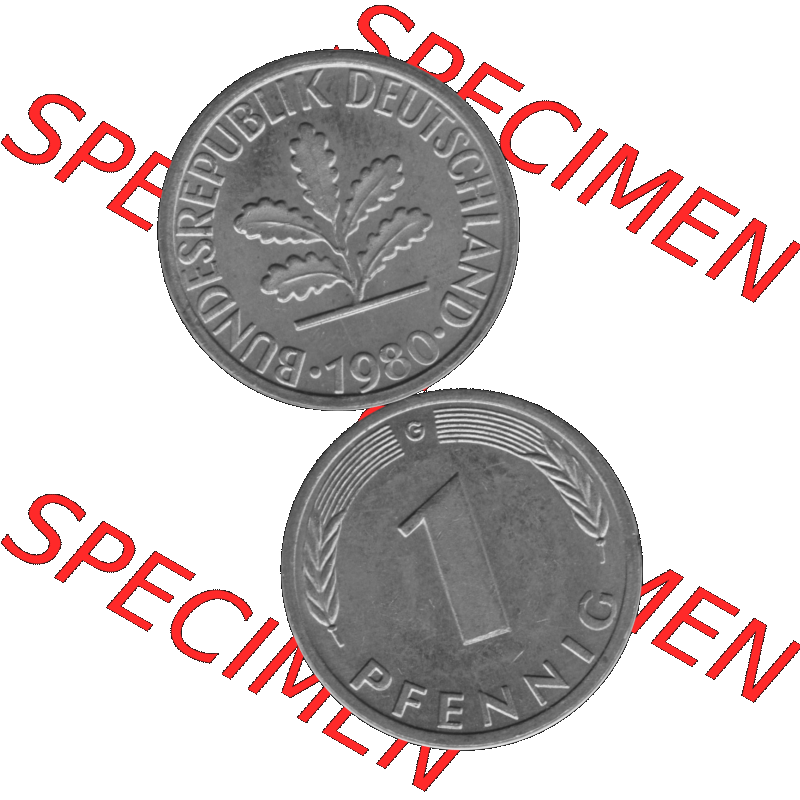 BRD Münzen 1 Pfennig BRD-Deutschland Umlaufmünze in Graustufen PNG 1950-2001, 1 Pfennig 1980, 1980er Jahre Münzstätte Karlsruhe G-01. Graustufen-Bild erstellt aus... Sammlung
