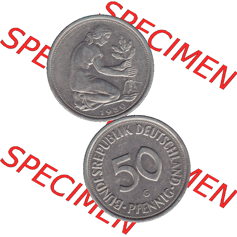 BRD Münzen 50 Pf. Umlaufmünze in PNG 1950-2001, 50 Pfennig BRD Deutschland 1980 Münzstätte Karlsruhe "G"-01. 50 Pfennig Münze BRD der 1980-er Jahre.... Sammlung