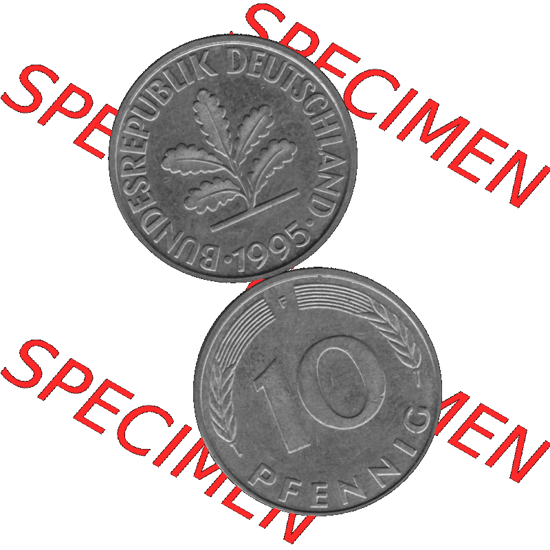 BRD Münzen 10 Pf. Umlaufmünze in PNG 1950-2001, 10 Pfennig 1995 F-02 Graustufen. Graues-Bild aus farbigen Bild erstellt mit Vorderseite und Rückseite auf einen Bild /... Sammlung