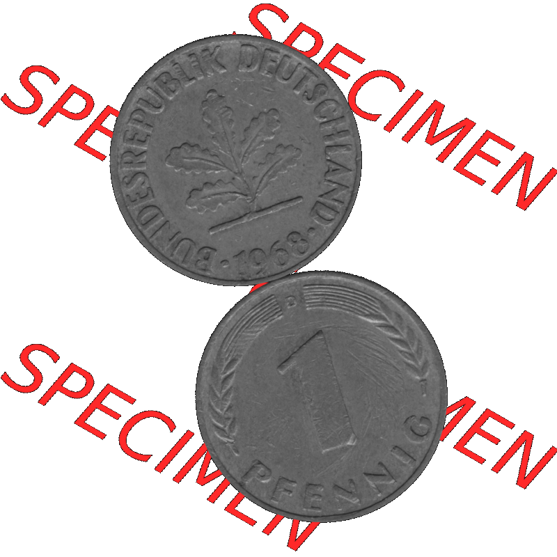 BRD Münzen 1 Pfennig Umlaufmünze in Graustufen PNG 1950-2001, 1 Pfennig 1968 München D-01. Graustufen-Bild erstellt aus Farbigen Bild mit Vorderseite und Rückseite auf... Sammlung
