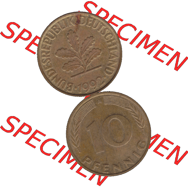 BRD Münzen 10 Pf. Umlaufmünze in PNG 1990-2001, 10 Pfennig 1992 A-01. Vorderseite und Rückseite auf einen Bild / Foto vertikal untereinander zusammengefügt,... Sammlung