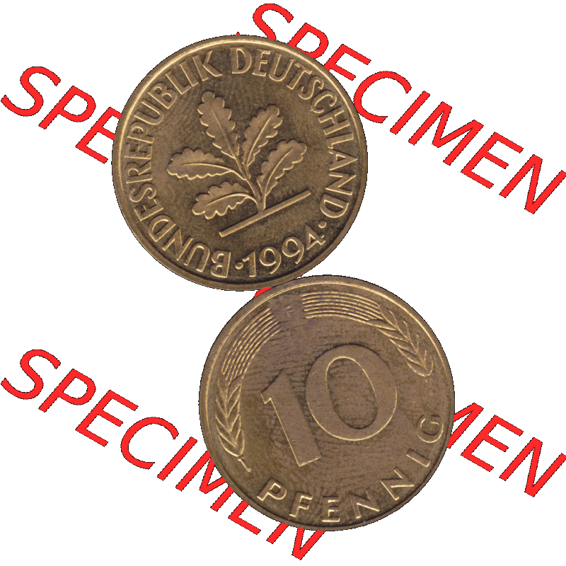 BRD Münzen 10 Pf. Umlaufmünze in PNG 1950-2001, 10 Pfennig 1994 F-01. Vorderseite und Rückseite auf einen Bild / Foto vertikal untereinander zusammengefügt,... Sammlung