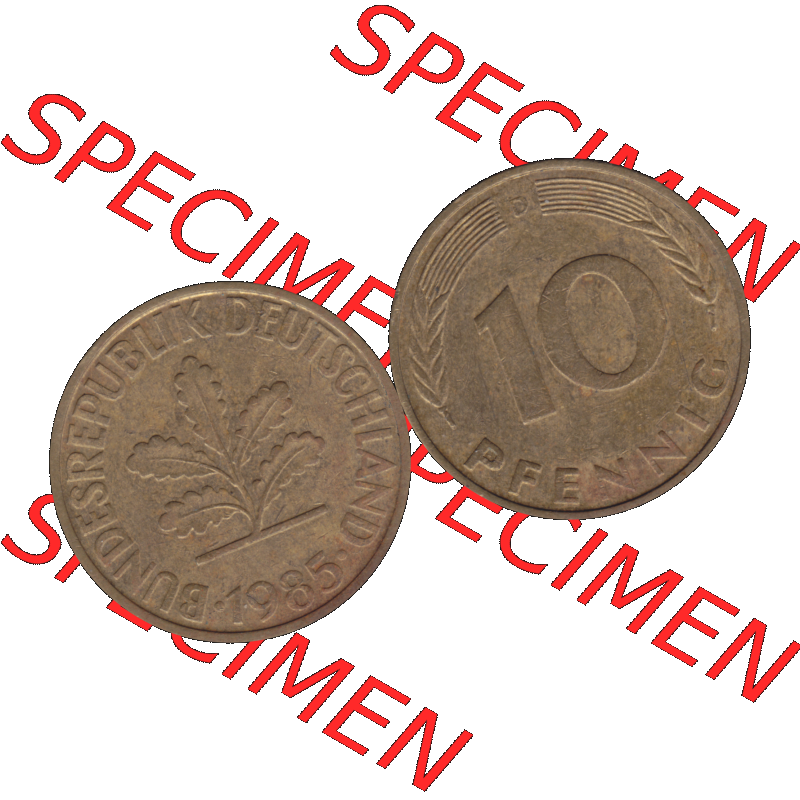 BRD Münzen 10 Pf. Umlaufmünze in PNG 1950-2001, 10 Pfennig 1985 D-01. Vorderseite und Rückseite mit Wert-Zahl auf einen Bild / Foto der digitalisierten 10 Pfennig... Sammlung