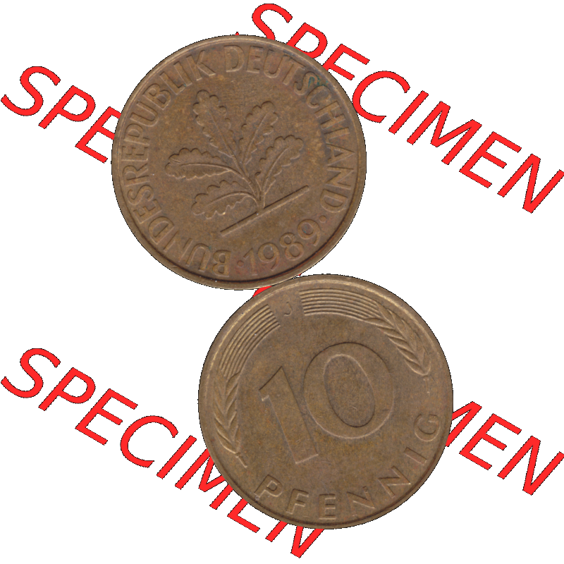 BRD Münzen 10 Pf. Umlaufmünze in PNG 1950-2001, 10 Pfennig der Bundesrepublik Deutschland 1989 Münzstätte Hamburg Mzz. J-01. Vorderseite und Rückseite... Sammlung