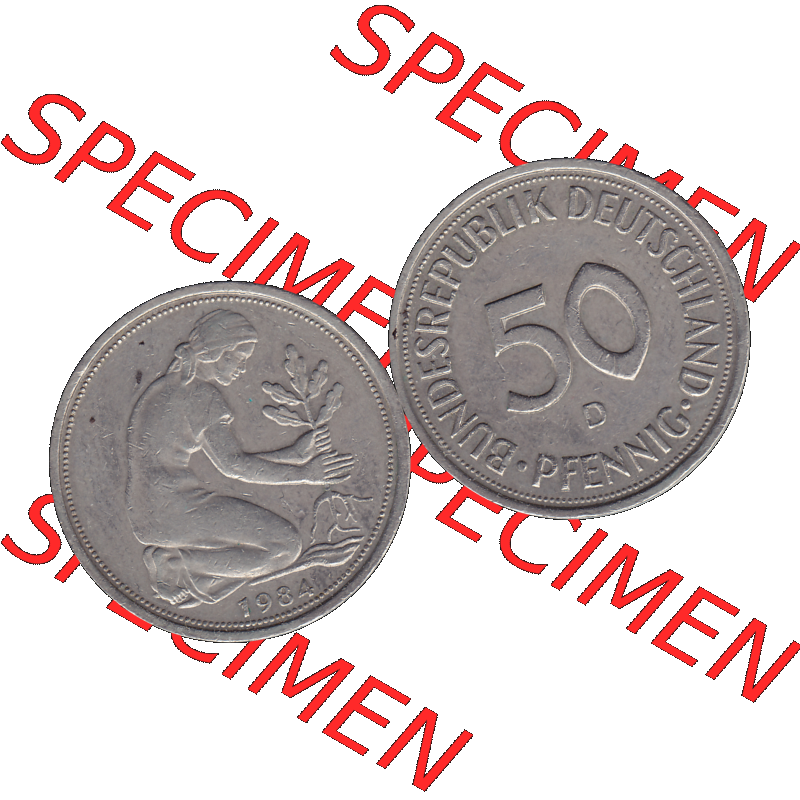 BRD Münzen 50 Pf. Umlaufmünze in PNG 1950-2001, 50 Pfennig BRD Deutschland 1984 D-01. 50 Pfennig Münze der 1980-er Jahre, Vorderseite und Rückseite mit Wert-Zahl... Sammlung