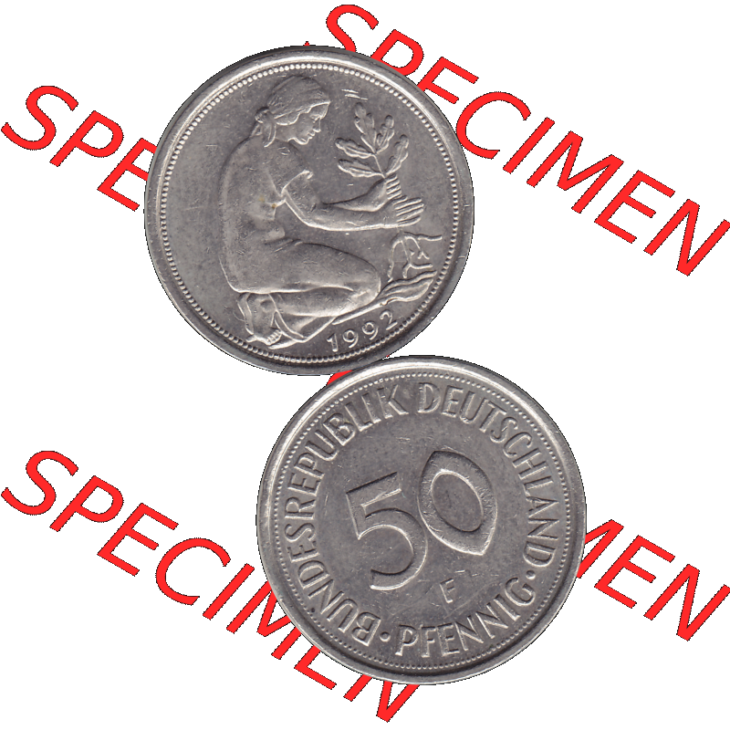 BRD Münzen 50 Pf. Umlaufmünze in PNG 1950-2001, 50 Pfennig BRD Deutschland 1992 Stuttgart F-1. Transparente Vorderseite und Rückseite der Münze vertikal untereinander... Sammlung