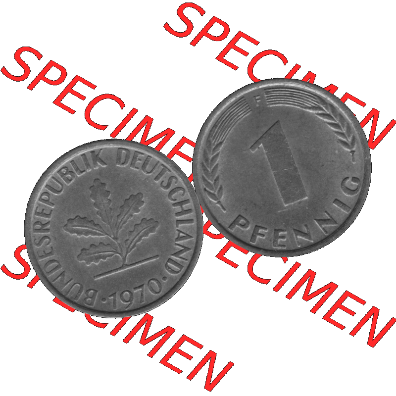 BRD Münzen 1 Pfennig Umlaufmünze in Graustufen PNG 1950-2001, 1 Pfennig 1970, 1970er Jahre Mzz. F-01. Graustufen-Bild aus Farbigen Bilder mit Vorderseite und Rückseite... Sammlung