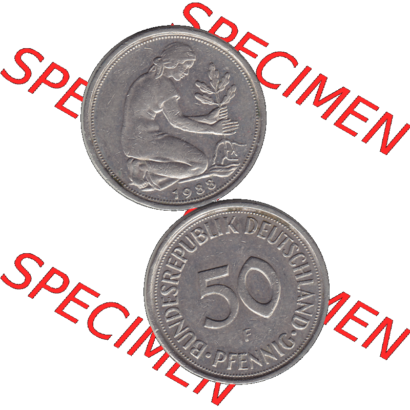 BRD Münzen 50 Pf. Umlaufmünze in PNG 1950-2001, 50 Pfennig BRD Deutschland 1988 Stuttgart F-1. Transparente Vorderseite und Rückseite der Münze vertikal untereinander... Sammlung