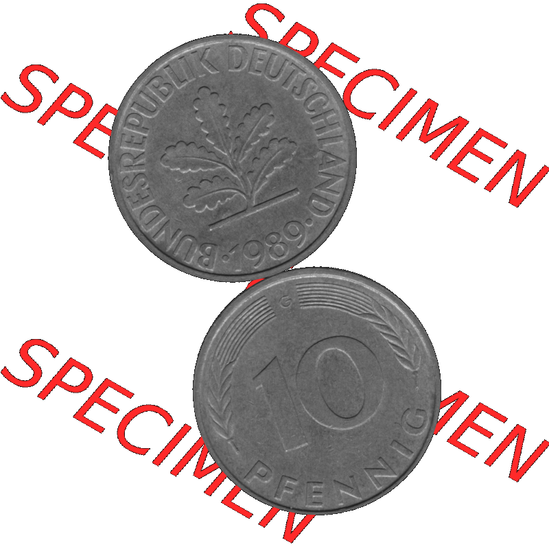 BRD Münzen 10 Pf. Umlaufmünze in PNG 1950-2001, 10 Pfennig 1989 G-01 Graustufen. Graustufen PNG-Bild, erstellt aus farbigen Vorlagen-Bild mit Vorderseite und Rückseite... Sammlung