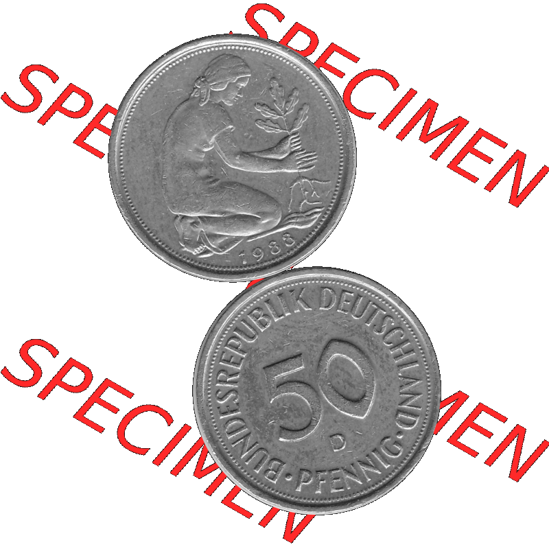 BRD Münzen Deutschland D 50 Pf. Umlaufmünze in Graustufen PNG 1950-2001, 50 Pfennig 1988 Münzzeichen "D" für München - "D"-01 Graustufen.... Sammlung