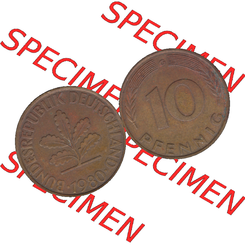 BRD Münzen 10 Pf. Umlaufmünze in PNG 1950-2001, 10 Pfennig 1980 G-01. Vorderseite und Rückseite mit Wert-Zahl auf einen Bild / Foto der digitalisierten 10 Pfennig... Sammlung