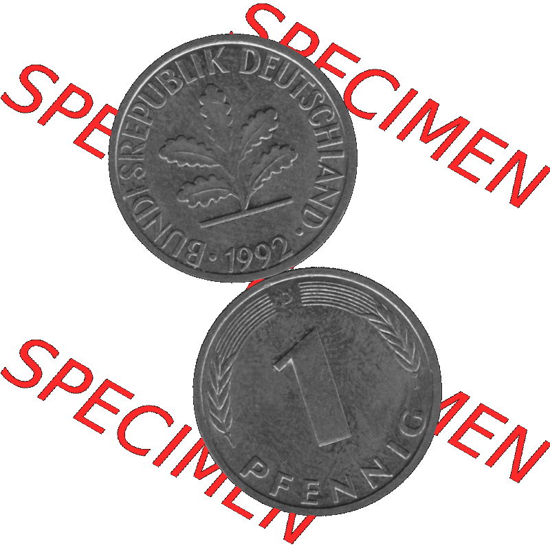 BRD Münzen 1 Pfennig Umlaufmünze in Graustufen PNG 1950-2001, 1 Pfennig 1992 München D-01. Graustufen-Bild erstellt aus Farbigen Bild mit Vorderseite und Rückseite auf... Sammlung