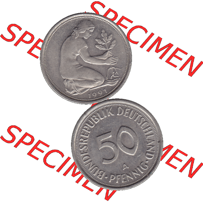BRD Münzen 50 Pf. Umlaufmünze in PNG 1990-2001, 50 Pfennig BRD Deutschland 1991 Mzz. Berlin A-1. Transparente Vorderseite und Rückseite der Münze vertikal... Sammlung
