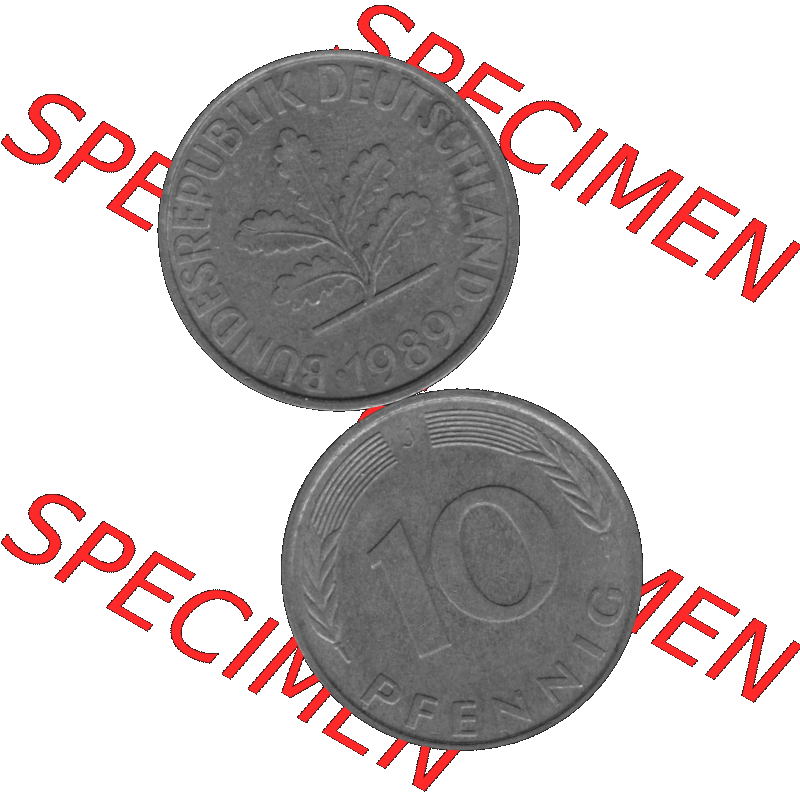 BRD Münzen 10 Pf. Umlaufmünze in PNG 1950-2001, 10 Pfennig 1989 J-01 Graustufen. PNG-Bild in transparenten Graustufen aus zwei farbigen Bildern vom Scanner mit Vorderseite... Sammlung