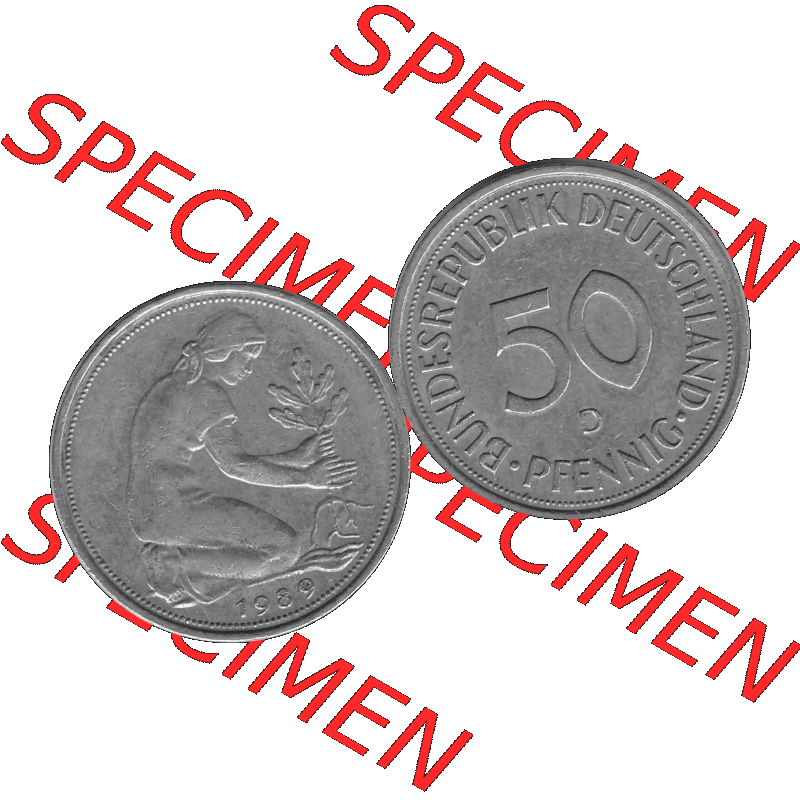 BRD Münzen Deutschland D 50 Pf. Umlaufmünze in Graustufen PNG 1950-2001, 50 Pfennig 1989 Münzzeichen "D" für München - "D"-01 Graustufen.... Sammlung