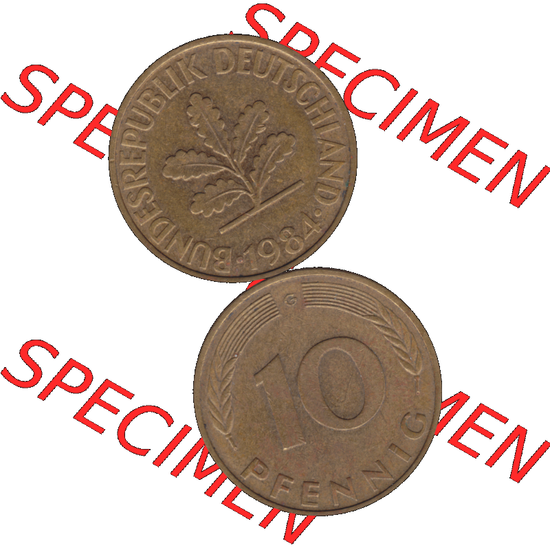 BRD Münzen 10 Pf. Umlaufmünze in PNG 1950-2001, 10 Pfennig 1984 G-01. Vorderseite und Rückseite auf einen Bild / Foto vertikal untereinander zusammengefügt,... Sammlung