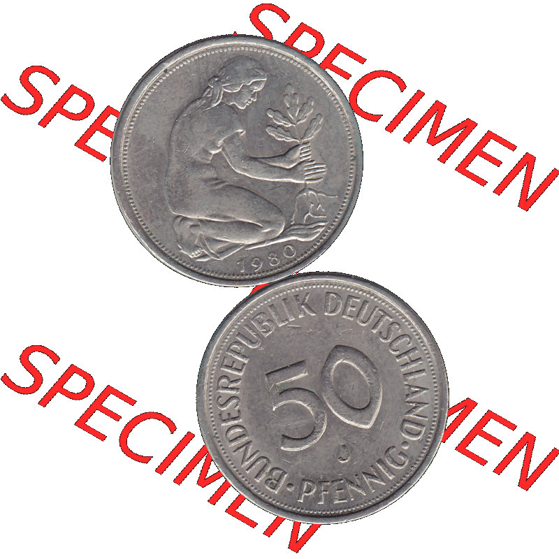 BRD Münzen 50 Pf. Umlaufmünze in PNG 1950-2001, 50 Pfennig BRD Deutschland 1980 "J"-01. PNG Computer-Grafik einer digitalisierten 50 Pfennig / Fünfzig Pfennige... Sammlung