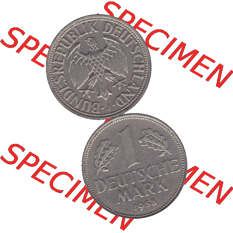 BRD Münzen 1 DM, Umlaufmünze 1950-2001, BRD Deutschland 1 / Eine DM - 1 Eine Deutsche Mark, 1958 Münzzeichen Hamburg Mzz J-1. Münzen-Rückseite und... Sammlung