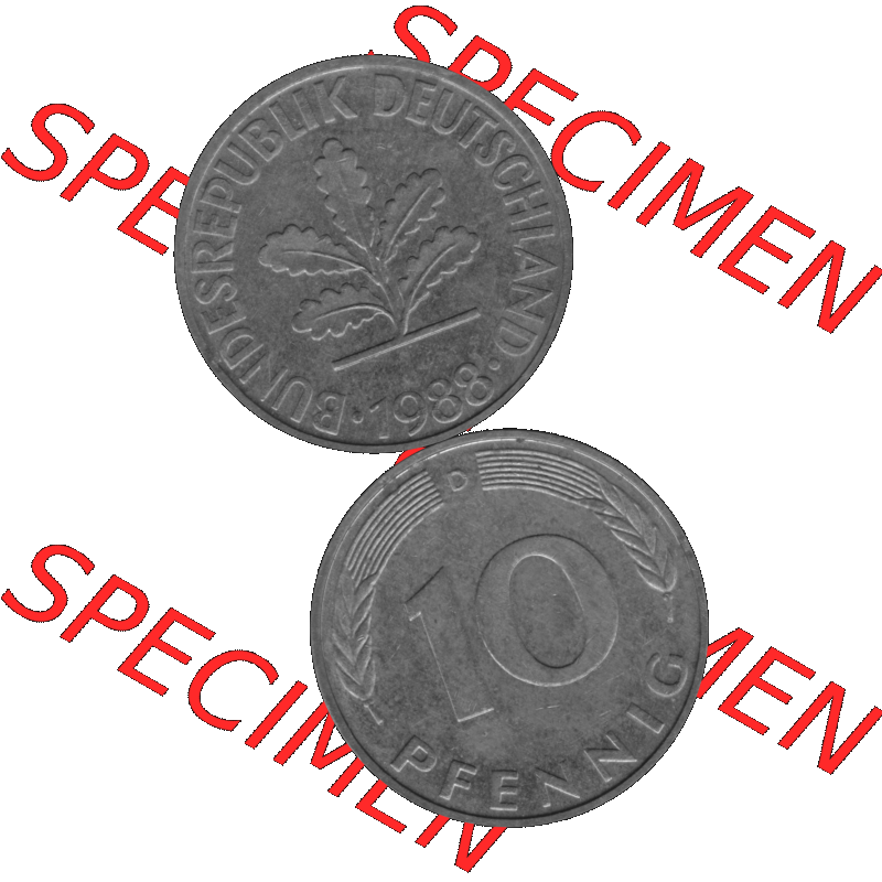 BRD Münzen 10 Pf. Umlaufmünze in PNG 1950-2001, 10 Pfennig 1988 D-01 Graustufen. Graustufen-Bild erstellt aus Farbigen Bild mit Vorderseite und Rückseite auf einen Bild... Sammlung