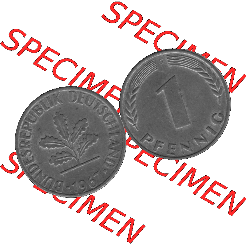 BRD Münzen 1 Pfennig BRD-Deutschland Umlaufmünze in Graustufen PNG 1950-2001, 1 Pfennig 1967, 1960er Jahre Münzstätte Karlsruhe G-01. Graustufen-Bilder der Vorderseite... Sammlung