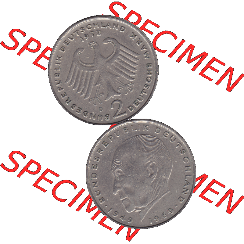 BRD Münzen 2 DM, Gedenkmünze in PNG 1969-1987, 2 DM, Deutsche Mark Konrad Adenauer 1972 Münzzeichen München D-1. Vorderseite und Rückseite mit Deutschen... Sammlung